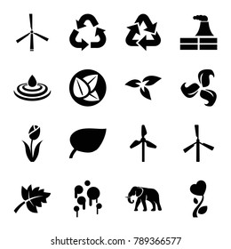 Environment icons. set of 16 editable filled environment icons such as plant, mill, elephant, factory, leaf, heart flower, flower, recycle, blood