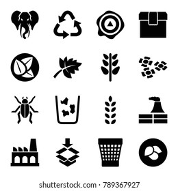 Environment icons. set of 16 editable filled environment icons such as leaf, elephant, factory, recycle, trash bin, plant, arrow up, box, flower