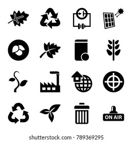 Environment icons. set of 16 editable filled environment icons such as leaf, target, plant, factory, open air, global home, solar panel, recycle, trash bin
