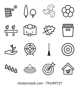 Environment icons. set of 16 editable outline environment icons such as leaf, pine tree, electricity, target, rake, flower, plant, box, tree, eco house, solar panel