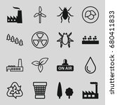 Environment icons set. set of 16 environment filled and outline icons such as beetle, sprout plants, open air, tree, factory, leaf, pine tree, water drop, trash bin, recycle