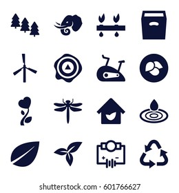 environment icons set. Set of 16 environment filled icons such as leaf, mill, pine tree, dragonfly, elephant, water drop, recycle, arrow up, heart flower, box, eco house