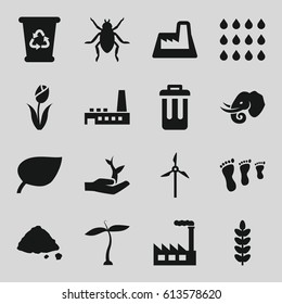 Environment icons set. set of 16 environment filled icons such as plant, beetle, elephant, recycle bin, ground heap, bin, factory, drop, plant on hand, flower, mill, leaf