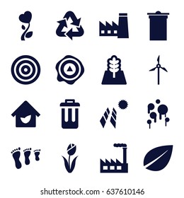Environment icons set. set of 16 environment filled icons such as factory, leaf, trash bin, arrow up, heart flower, bin, tree, eco house, flower, recycle, mill, blood