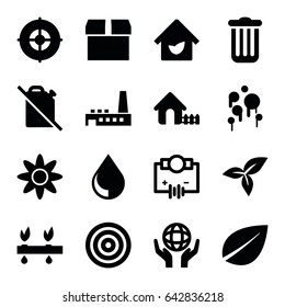 Environment icons set. set of 16 environment filled icons such as house, leaf, holding globe, factory, eco house, drop, target, flower, trash bin, blood, plant, no oil