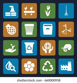 Environment icons set. set of 16 environment filled icons such as elephant, factory, recycle bin, recycle, trash bin, rake, flower, drop under magnifier, holding globe, box