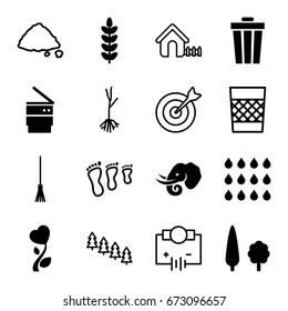 Environment icons set. set of 16 environment filled and outline icons such as elephant, heart flower, trash bin, tree, drop, pine tree, house, rake, ground heap, sprout