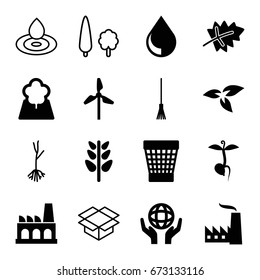 Environment icons set. set of 16 environment filled and outline icons such as plant, leaf, trash bin, sprout, holding globe, tree, factory, drop, mill, water drop, rake
