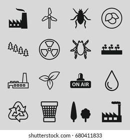 Environment icons set. set of 16 environment filled and outline icons such as beetle, sprout plants, open air, tree, factory, leaf, pine tree, water drop, trash bin, recycle