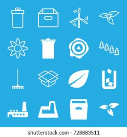 Environment icons set. set of 16 environment filled and outline icons such as plant, trash bin, leaf, rake, arrow up, box, factory, pine tree, mill