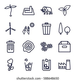 environment icons set. Set of 16 environment outline icons such as trash bin, elephant, plant, mill, factory, leaf, arrow up, heart flower, bin, tree, flower, box