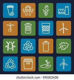 environment icons set. Set of 16 environment outline icons such as trash bin, beetle, leaf, mill, factory, sprout, holding globe, box, bin, recycle, plant on hand