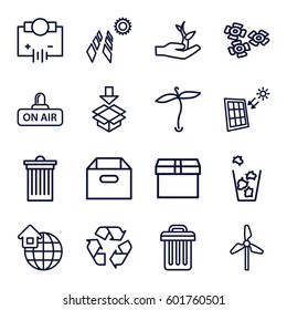 environment icons set. Set of 16 environment outline icons such as plant, trash bin, recycle, box, open air, global home, solar panel, plant on hand, flower, Electricity