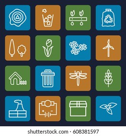 Environment icons set. set of 16 environment outline icons such as dragonfly, plant, factory, house, trash bag, trash bin, arrow up, tree, flower, mill, box