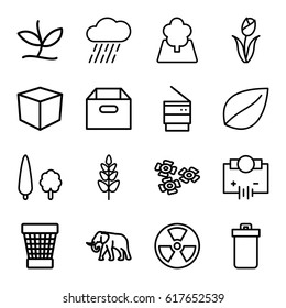 Environment icons set. set of 16 environment outline icons such as trash bin, elephant, leaf, rain, plant, tree, flower, box, Electricity