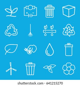 Environment icons set. set of 16 environment outline icons such as trash bin, elephant, plant, mill, recycle, water drop, rake, flower, box, electricity