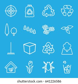 Environment icons set. set of 16 environment outline icons such as beetle, plant, pine tree, recycle, trash bag, trash bin, rake, tree, eco house, target, flower