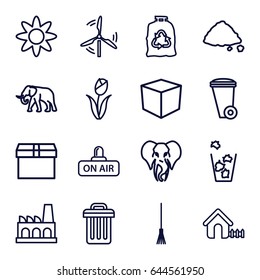 Environment icons set. set of 16 environment outline icons such as elephant, house, trash bin, trash bag, rake, ground heap, open air, factory, mill, flower