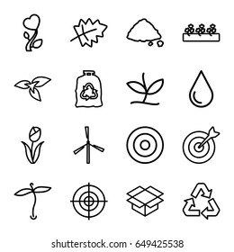 Environment icons set. set of 16 environment outline icons such as plant, leaf, mill, water drop, trash bag, sprout plants, ground heap, box, heart flower, recycle, target