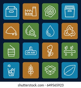 Environment icons set. set of 16 environment outline icons such as factory, leaf, trash bin, ground heap, drop under magnifier, plant, box, arrow up, heart flower, open air