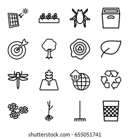 Environment icons set. set of 16 environment outline icons such as dragonfly, beetle, rake, sprout plants, tree, sprout, recycle, arrow up, box, trash bin, global home