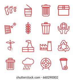 Environment icons set. set of 16 environment outline icons such as factory, trash bin, rain, sprout, holding globe, target, recycle, solar panel, box, family footprint