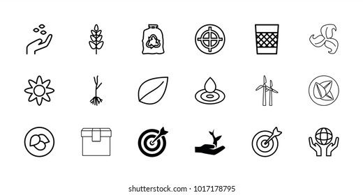 Environment icons. set of 18 editable outline environment icons: target, plant on hand, leaf, hand with seeds, water drop, trash bag, sprout, plant, holding globe, trash bin
