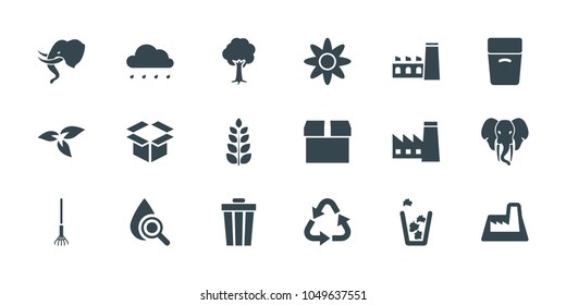 Environment icons. set of 18 editable filled environment icons: plant, factory, recycle, trash bin, box, tree, flower, elephant, rake, rain