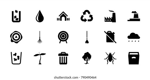 Environment icons. set of 18 editable filled environment icons: plant, trash bin, beetle, water drop, rake, no oil, arrow up, box, target, factory, house, recycle, rain