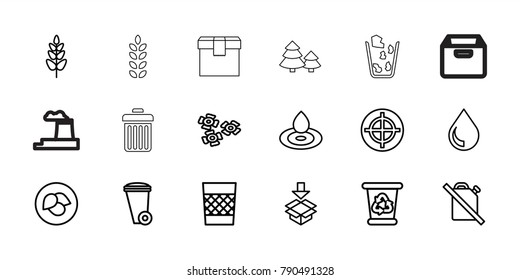Environment icons. set of 18 editable outline environment icons: leaf, water drop, trash bin, recycle bin, target, plant, no oil, box, drop, flower, pine tree