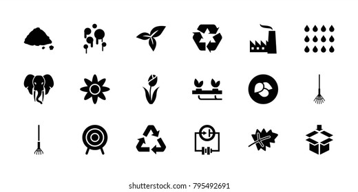 Environment icons. set of 18 editable filled environment icons: leaf, rake, ground heap, recycle, target, drop, flower, factory, blood, elephant, electricity, plant