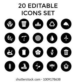 Environment icons. set of 20 editable filled environment icons such as plant, dragonfly, factory, trash bin, water drop. best quality environment elements in trendy style.