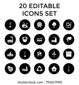 Environment icons. set of 20 editable filled environment icons such as sprout, mill, box, factory, open air, target. best quality environment elements in trendy style.