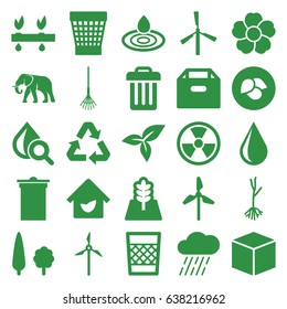 Environment icons set. set of 25 environment filled icons such as leaf, mill, elephant, water drop, trash bin, rake, rain, flower, sprout, drop under magnifier, tree