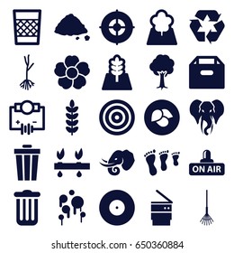 Environment icons set. set of 25 environment filled icons such as leaf, elephant, rake, tree, flower, ground heap, sprout, recycle, open air, trash bin, target, blood, plant
