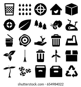 Environment icons set. set of 25 environment filled icons such as plant, pine tree, elephant, leaf, rake, arrow up, box, trash bin, bin, factory, eco house, drop, recycle