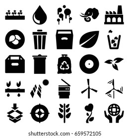 Environment icons set. set of 25 environment filled icons such as plant, leaf, mill, elephant, trash bin, trash bag, sprout plants, holding globe, box, heart flower, factory