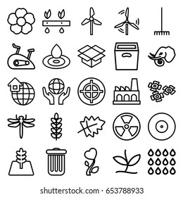 Environment icons set. set of 25 environment outline icons such as dragonfly, elephant, leaf, water drop, rake, flower, box, holding globe, heart flower, tree, factory