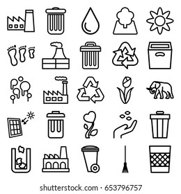 Environment icons set. set of 25 environment outline icons such as trash bin, elephant, hand with seeds, factory, water drop, rake, heart flower, box, bin, tree, recycle