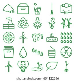 Environment icons set. set of 25 environment outline icons such as beetle, elephant, pine tree, factory, water drop, trash bin, rake, ground heap, sprout, box, open air, drop