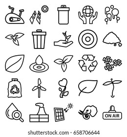 Environment icons set. set of 25 environment outline icons such as trash bin, elephant, plant, factory, water drop, leaf, trash bag, ground heap, drop under magnifier, recycle
