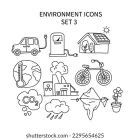 Environment icons set 3 cute cartoon doodle style vector illustration	