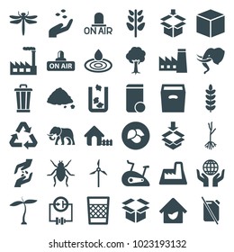 Environment icons. set of 36 editable filled environment icons such as plant, leaf, hand with seeds, trash bin, dragonfly, beetle, factory, house, water drop, box, tree