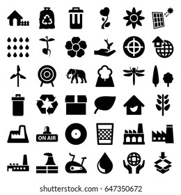 Environment icons set. set of 36 environment filled icons such as dragonfly, elephant, trash bin, factory, house, trash bag, flower, sprout, plant, recycle, holding globe, box