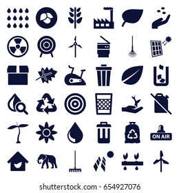 Environment icons set. set of 36 environment filled icons such as plant, leaf, hand with seeds, elephant, trash bin, trash bag, rake, drop under magnifier, open air, target