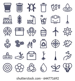 Environment icons set. set of 36 environment outline icons such as trash bin, beetle, elephant, leaf, hand with seeds, water drop, trash bag, rake, flower, sprout