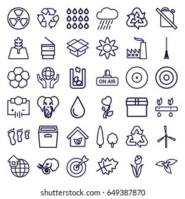 Environment icons set. set of 36 environment outline icons such as trash bin, elephant, plant, leaf, mill, water drop, rake, rain, flower, recycle, box, holding globe