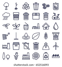 Environment icons set. set of 36 environment outline icons such as trash bin, plant, factory, water drop, leaf, recycle bin, trash bag, rake, rain, sprout plants, tree, sprout
