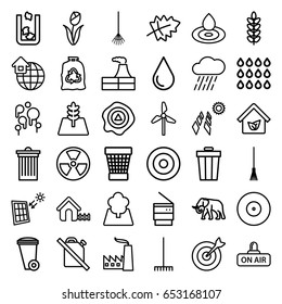 Environment icons set. set of 36 environment outline icons such as trash bin, elephant, leaf, factory, house, water drop, trash bag, rake, rain, arrow up, open air, tree