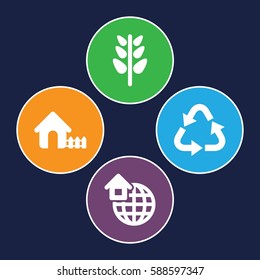 environment icons set. Set of 4 environment filled icons such as house, recycle, plant